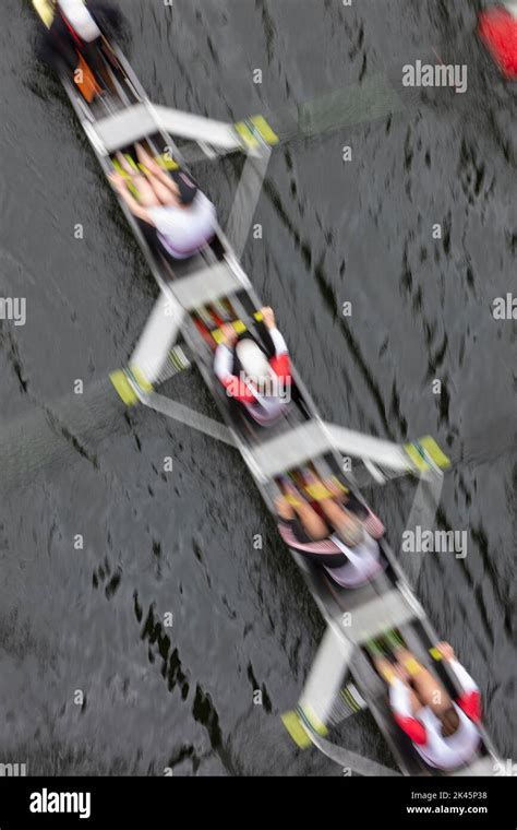 Overhead view of a crew rowing in an octuple racing shell boat, rowers, motion blur Stock Photo ...