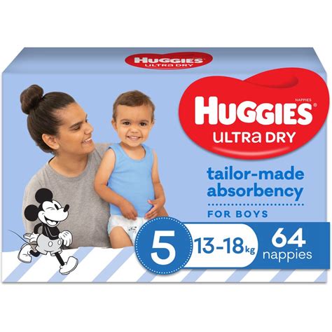 Huggies Ultra Dry Nappies Boy Size 5 (13-18kg) 64 Pack | BIG W