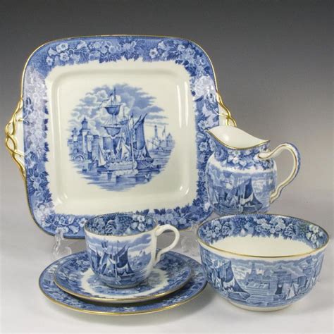 ANTIQUE WEDGWOOD BLUE & WHITE BONE CHINA TEA SET SAILING SHIP IN PORT ...