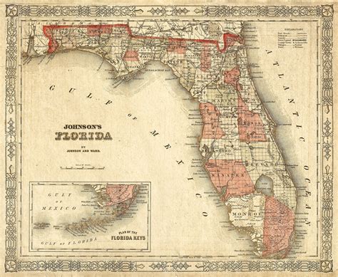 Old Florida Map 1863 Johnson's Map of Florida Restoration Style Florida ...