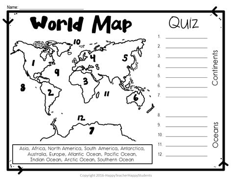 World Map: World Map Quiz (Test) and Map Worksheet | 7 Continents and 5 Oceans | Made By Teachers