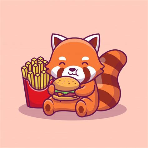Cute Panda Eat Burger And French Fried Icon Illustration. Animal Food Icon Concept Isolated ...