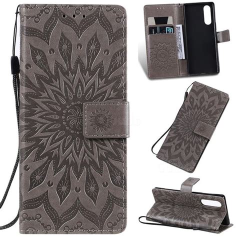 Embossing Sunflower Leather Wallet Case for Sony Xperia 5 / Xperia XZ5 - Gray - Sony Xperia 5 ...