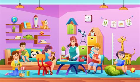 Teacher and children activity in kindergarten illustration. Preschool ...