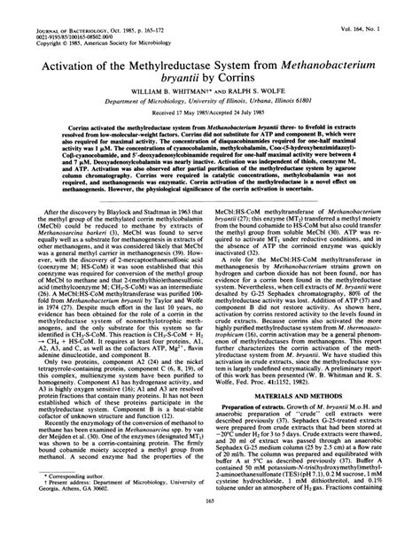 (PDF) Activation of the methylreductase system from Methanobacterium bryantii by corrins