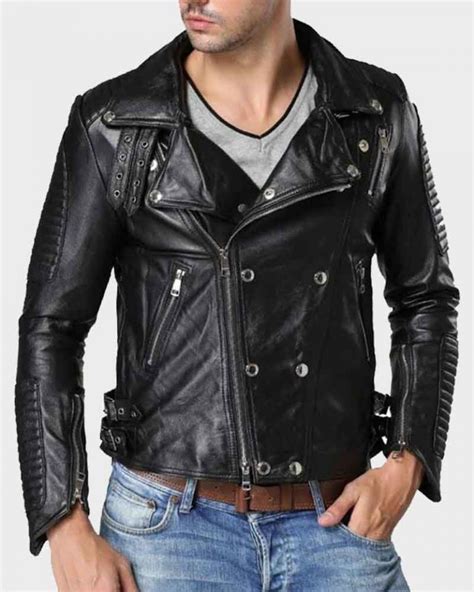 Mens Double Breasted Black Motorcycle Leather Jacket