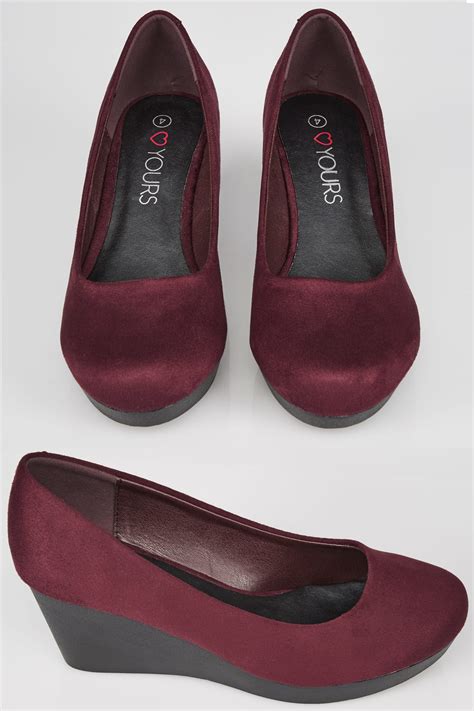 Burgundy Faux Suede Wedge Heels In EEE Fit