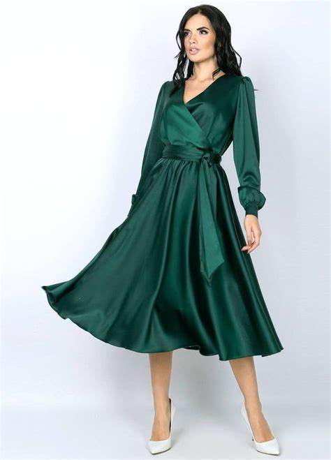 dark green bridesmaid dresses satin long sleeve emerald green dress | Satin dress long, Green ...