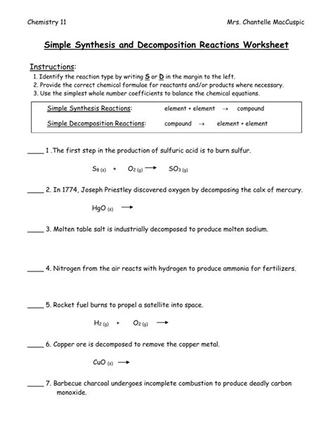 Synthesis and Decomposition Reactions WKS