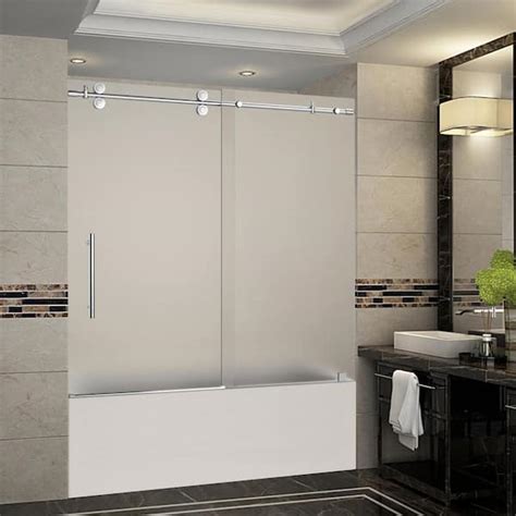 Aston Langham 56 in. to 60 in. x 60 in. Completely Frameless Sliding Tub Door with Frosted Glass ...