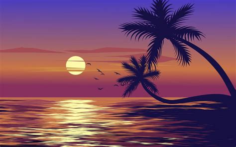 Sunset scenery with sea view and palm trees. Vector landscape illustration 15324013 Vector Art ...