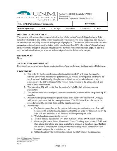 Page 1 of 2 DESCRIPTION/OVERVIEW Therapeutic phlebotomy is a ...