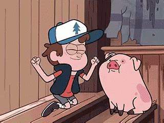 a cartoon character standing next to a pig on top of a wooden bench in front of a window