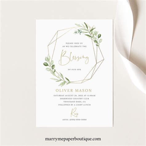 Blessing Ceremony Invitation Card Template, Greenery Gold, Baby ...