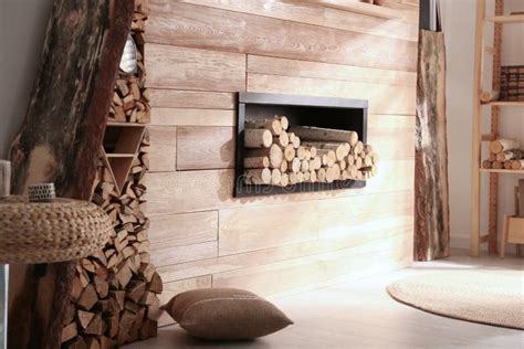 Decorative Fireplace with Stacked Wood in Cozy Living Room Stock Image - Image of comfort ...