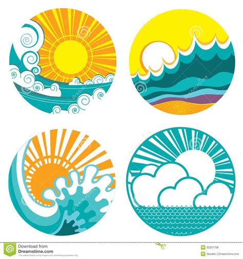 Sun and sea waves. Vector icons of illustration o | Vector icons illustration, Waves icon, Sea waves