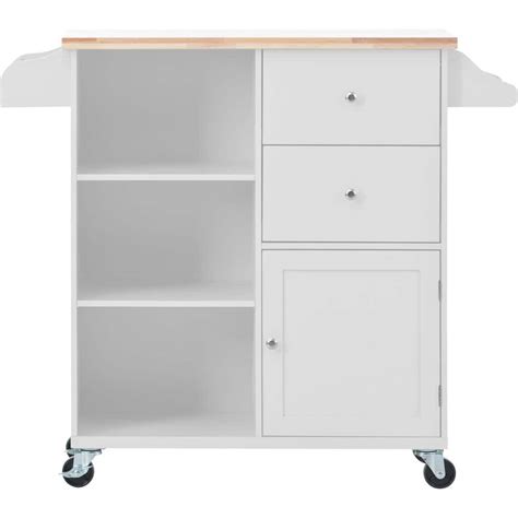 Tileon White Rubber Wood top Kitchen Cart on 4-Wheels with 2-Drawers ...