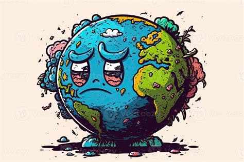 The concept of World Environment Day. . Cartoon illustration of a sad globe. World Earth Day ...