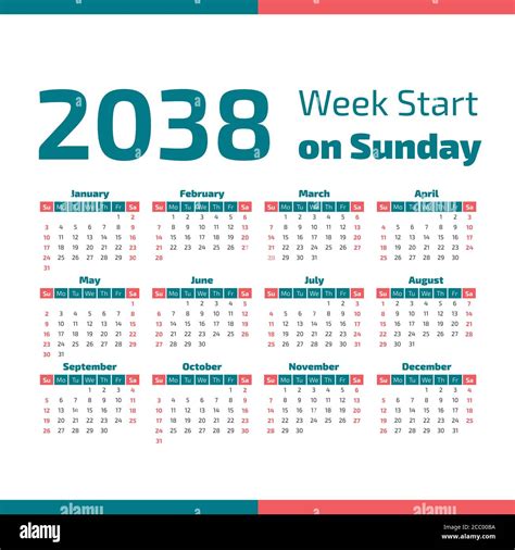 2038 Calendar with the weeks start on Sunday Stock Vector Image & Art ...