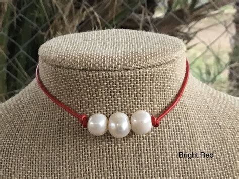 Leather Pearl Choker, Bright Red Leather, Triple Pearl Necklace, June Birthstone, Boho ...