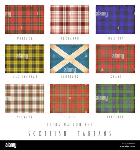 Scottish tartans of various clans in grunge design Stock Photo - Alamy