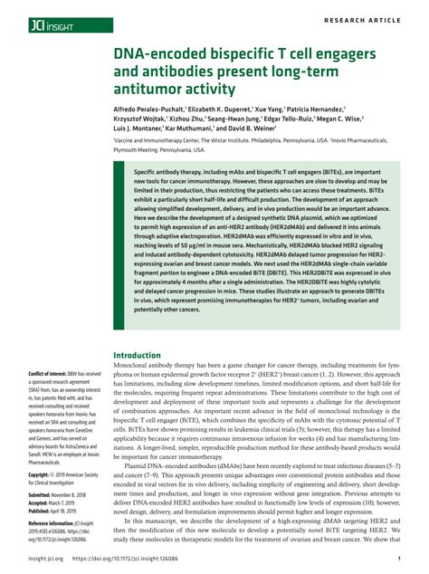 (PDF) DNA-encoded bispecific T cell engagers and antibodies present long-term antitumor activity