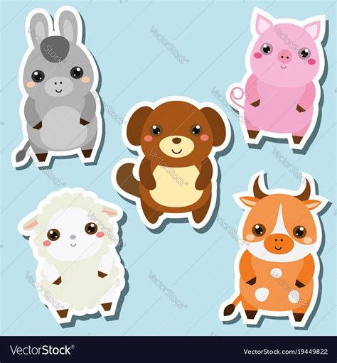 Cute kawaii farm animals stickers set Royalty Free Vector