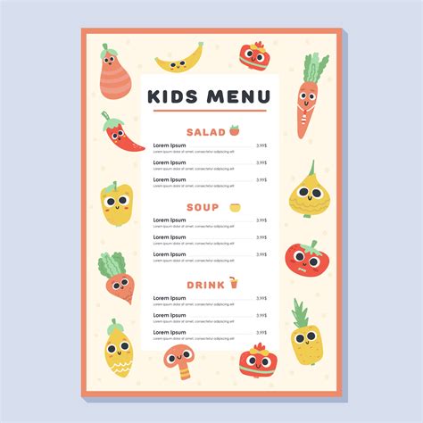 Kids menu. Cute colorful hand drawn vector template. Kids menu design for party, cafe. Healthy ...