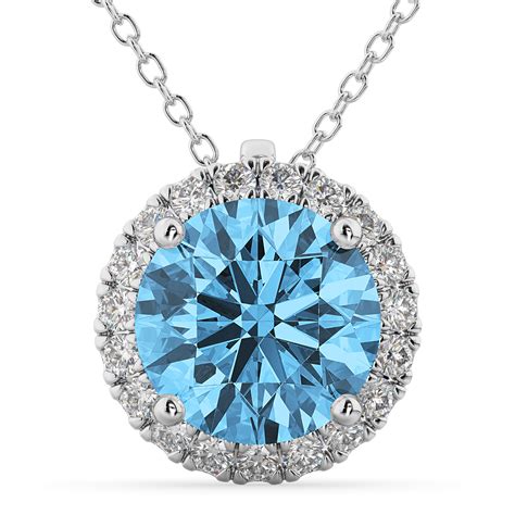 Halo Round Blue Topaz & Diamond Pendant Necklace 14k White Gold 2.79ct - AD4635