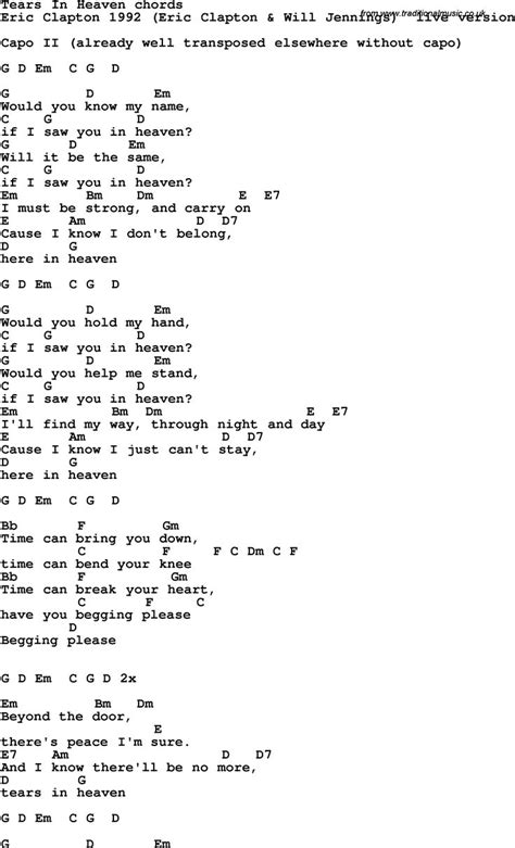 Song Lyrics with guitar chords for Tears In Heaven - Eric Clapton | Blues guitar chords, Guitar ...