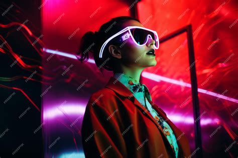 Premium AI Image | Woman in Augmented Reality Glasses with Neon Lights