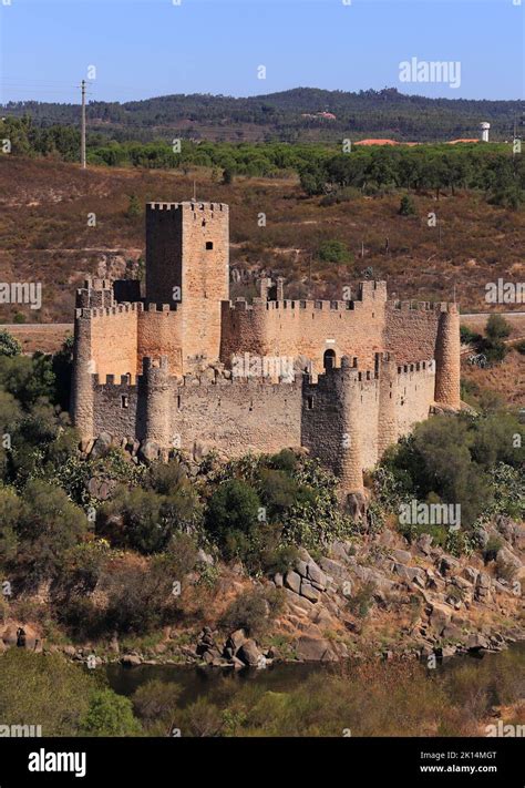 The medieval Almourol Castle on an island on the River Tagus - Rio Tejo, Santarem, Ribatejo ...