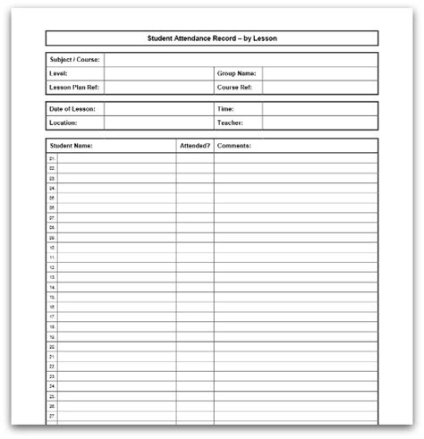 Printable Lesson Attendance Sheet in PDF format