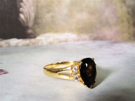 Brown Topaz Ring, Pear Shaped Brown Topaz Colored Gem, 6 Austrian Crystal Clear Round Accent ...