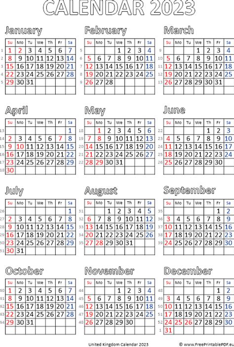 Calendar 2023 United Kingdom pdf | Free Printable PDF