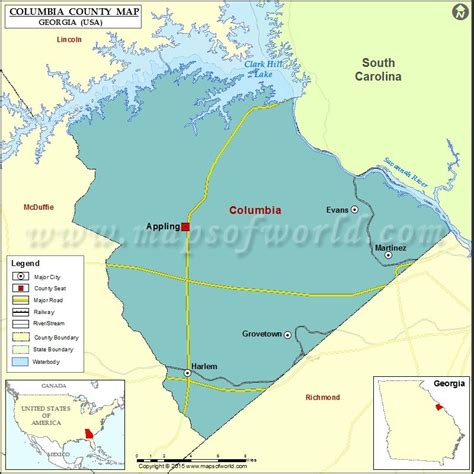 Map of Columbia County in Georgia, USA Genealogy Map, Three Oaks, Columbia County, Georgia Usa ...