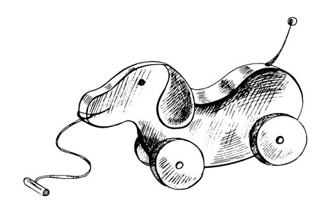 A hand-drawn ink sketch of a wooden toy dog on wheels. Outline on a ...