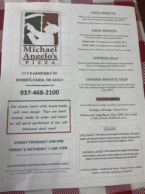 Online Menu of Michael Angelos Pizza Restaurant, Rushsylvania, Ohio ...