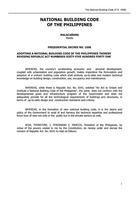 Presidential Decree ....... - NATIONAL BUILDING CODE OF THE PHILIPPINES MALACAÑANG Manila - Studocu