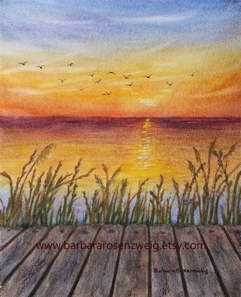 Sunset Dock Watercolor Painting Sunset Print Coastal Sunset | Etsy