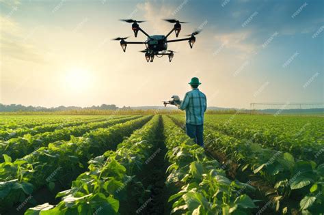 A farmer controls an innovative drone in a field with a crop Artificial ...