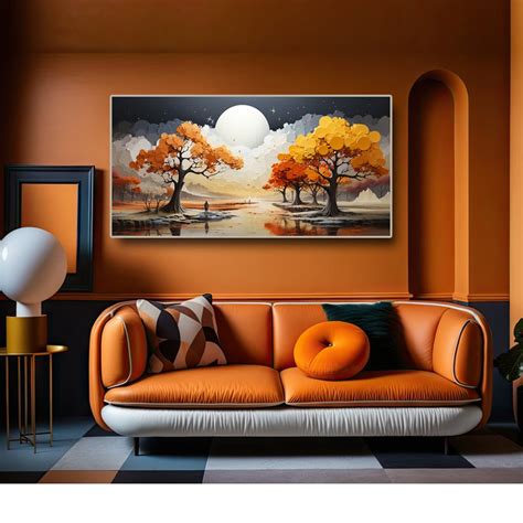Unique Nature Wall Art Abstract Canvas Painting with Golden Trees and Moon (48 x 24 Inches ...