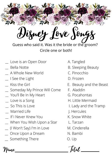 Disney Love Songs Bridal Shower Game (Free Printable)