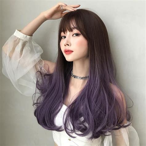 AIR BANGS PURPLE GRADIENT LONG CURLY WIG UB2575 | Long hair styles, Long curly wig, Purple hair
