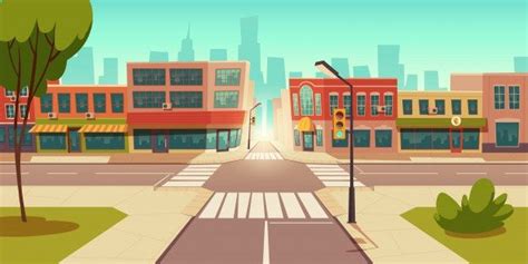 an animated city street scene with buildings, trees and traffic lights ...