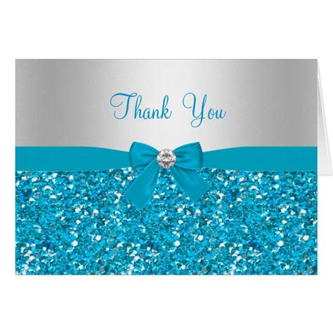 Blue Glitter & Bow Thank You Card | Zazzle