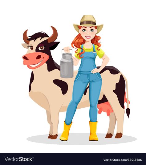 Beautiful woman farmer standing with cow Vector Image