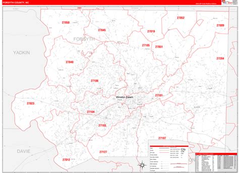 Forsyth County, NC Zip Code Wall Map Red Line Style by MarketMAPS - MapSales