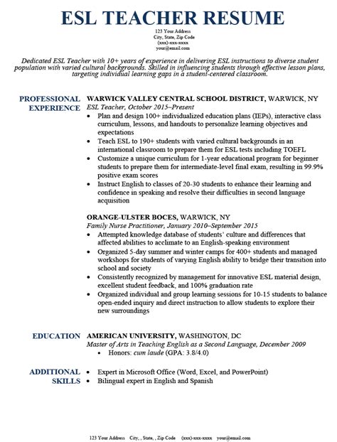 Esl Teacher Resume Example Template Diamond Teacher Resume Examples - Riset