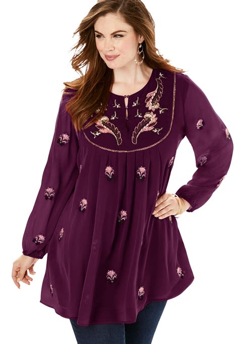 Roaman's - Roaman's Women's Plus Size Embroidered Peasant Tunic Long Shirt Blouse - 18 W, Dark ...